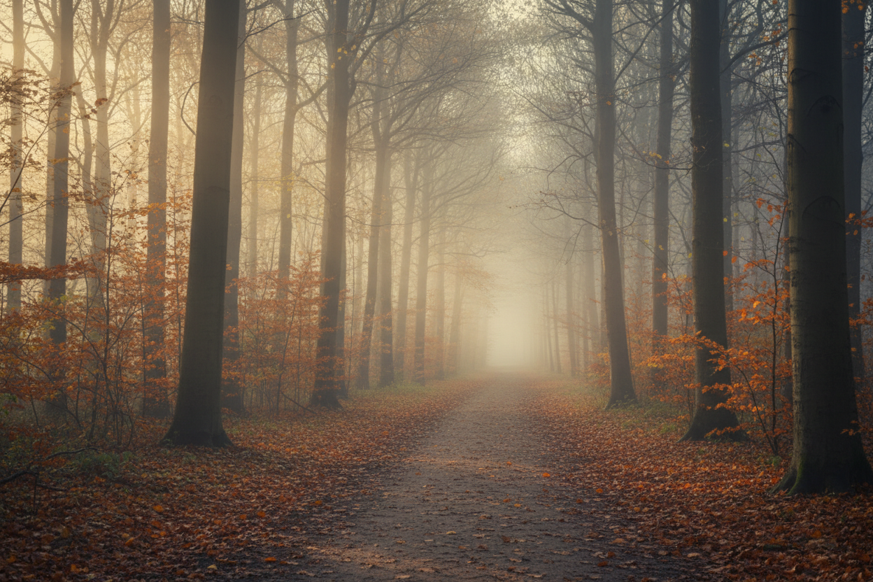 A quiet misty forest path at dawn, soft golden light filtering through the trees — a gentle image of walking forward through grief
