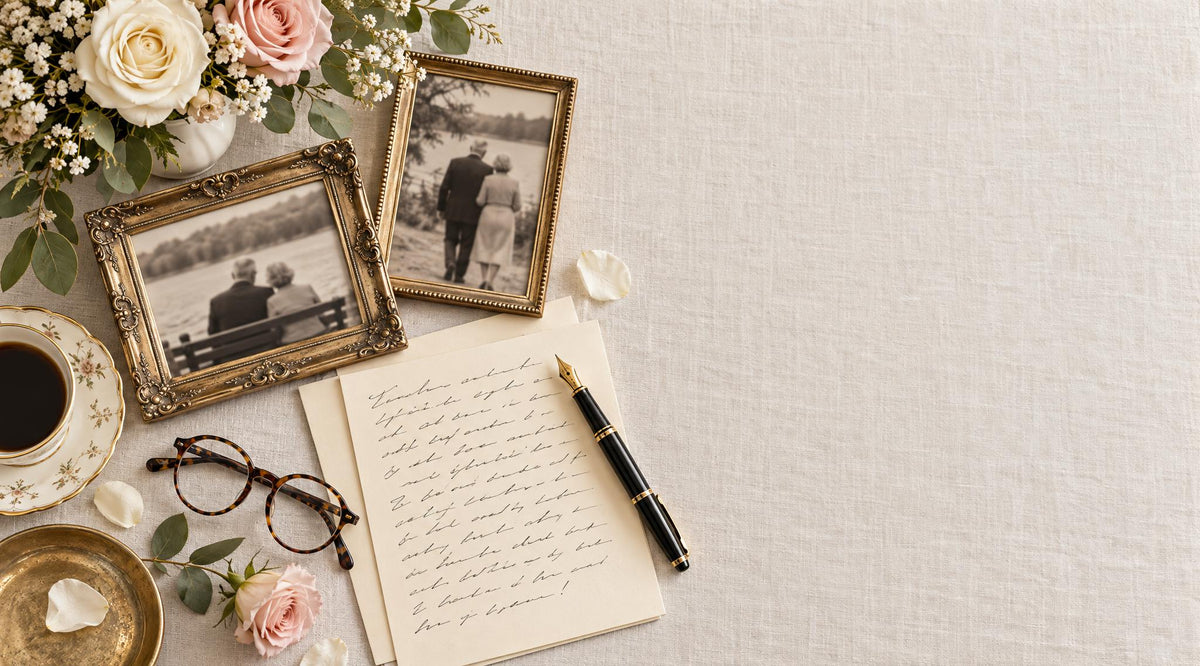 A handwritten obituary draft beside vintage photos of an older couple, reading glasses, and pink and white roses on linen.