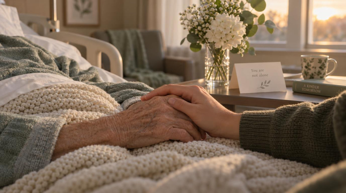A younger hand gently holding an older hand on a hospice bed, with white flowers and a "You are not alone" card nearby