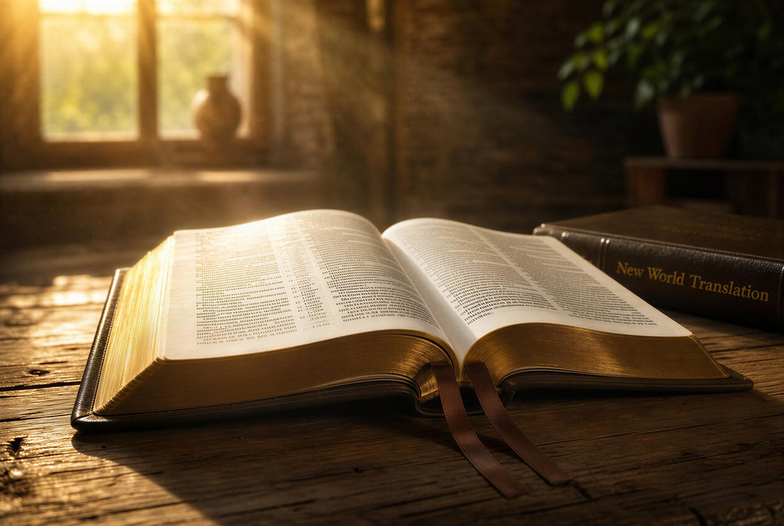 Open Bible on a rustic wooden table with warm golden light, New World Translation beside it — JW funeral program scripture and poems