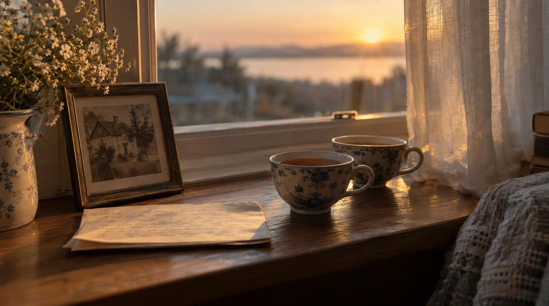 Two teacups on a wooden windowsill at sunset beside an old family photograph, a handwritten letter and a vase of small white flowers, with soft light coming through sheer curtains.