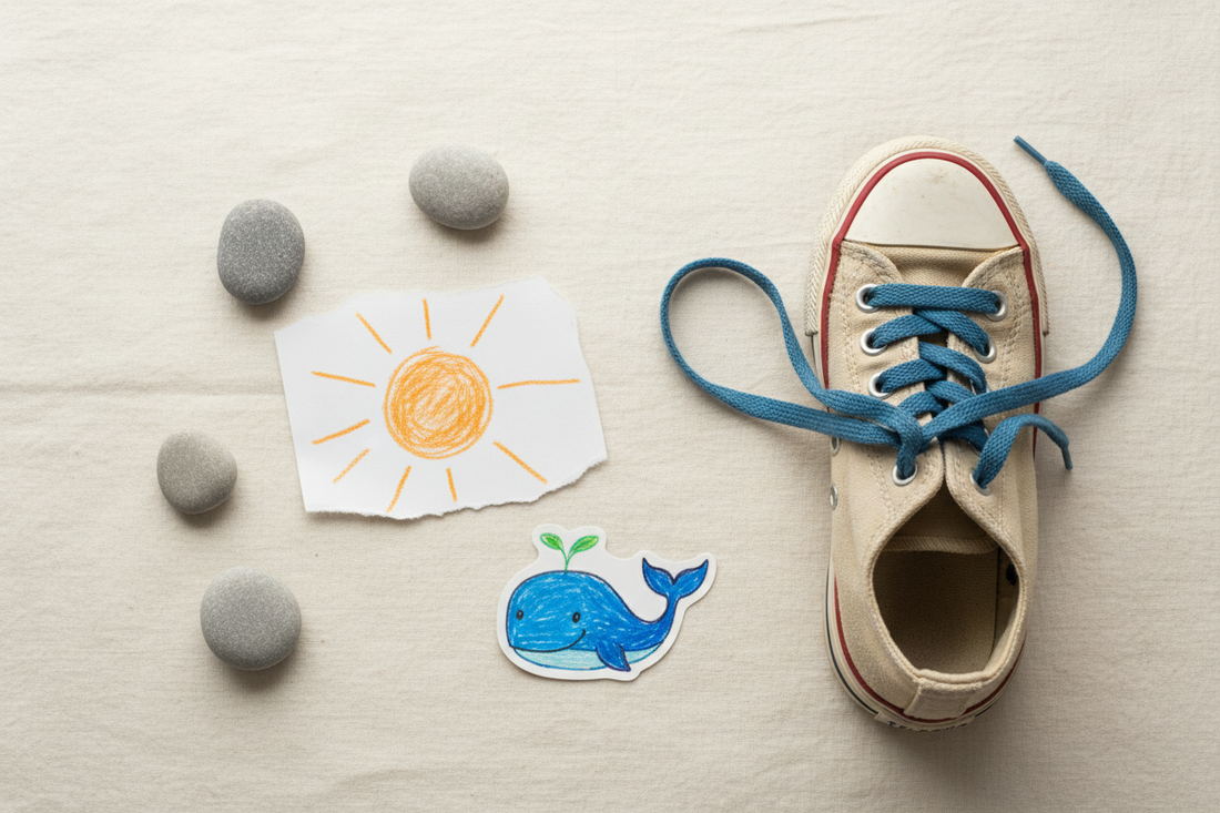 A child's worn sneaker, a crayon drawing of a sun, and small collected treasures on cream linen, blog header image for a collection of poems for a child's funeral program.