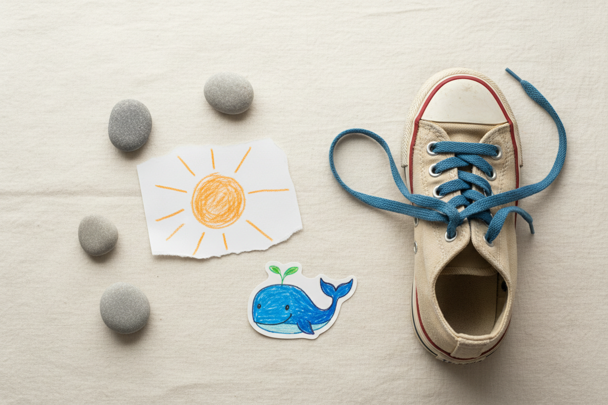 A child's worn sneaker, a crayon drawing of a sun, and small collected treasures on cream linen, blog header image for a collection of poems for a child's funeral program.