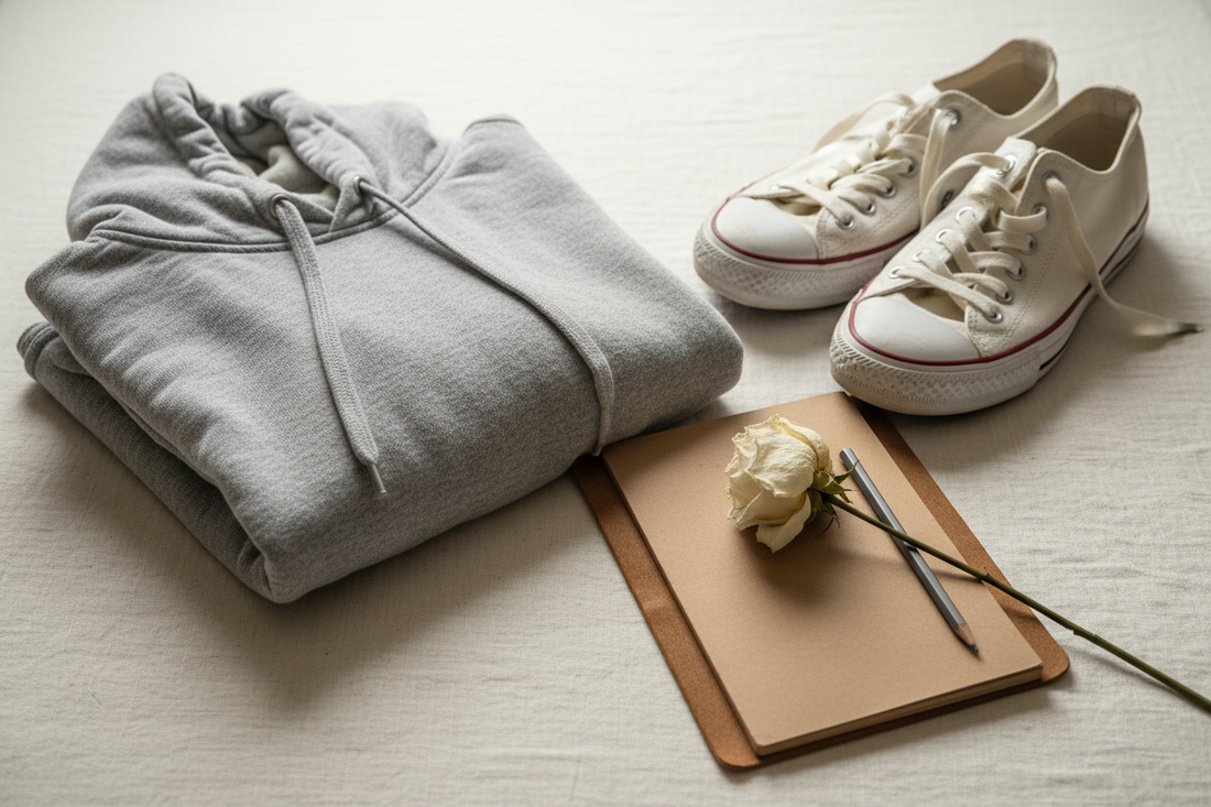 A folded hoodie, worn sneakers, a notebook, and a dried flower on cream linen, blog header image for a collection of poems for a teen's funeral program.
