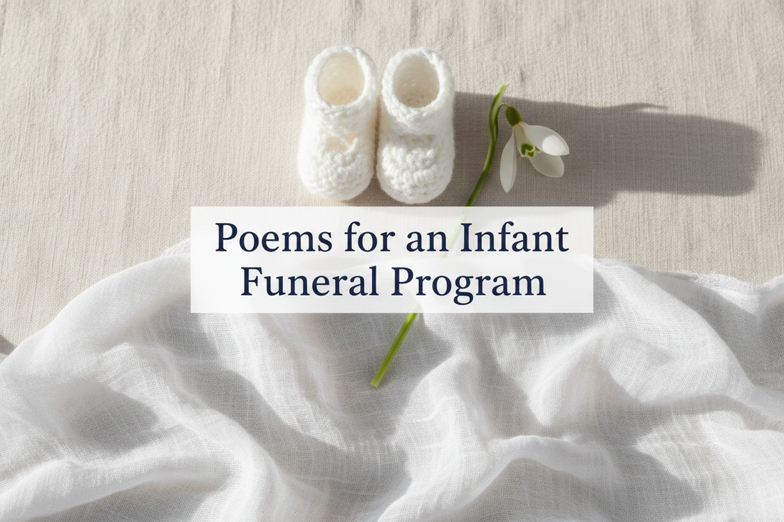 Tiny white baby booties and a snowdrop flower on cream linen, blog header image for a collection of poems for an infant funeral program.