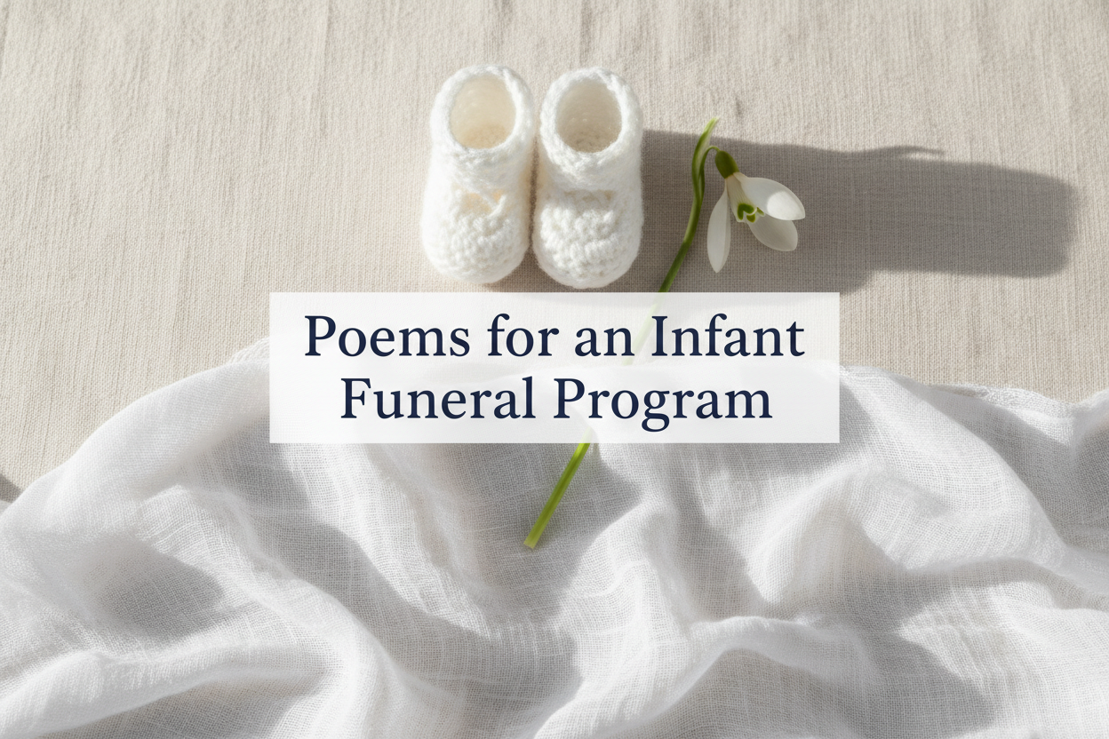 Tiny white baby booties and a snowdrop flower on cream linen, blog header image for a collection of poems for an infant funeral program.