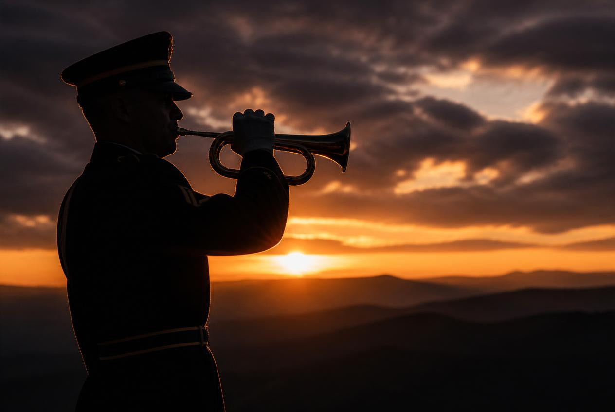 Silhouette of a military bugler playing Taps against a dramatic sunset sky — header image for a guide to the meaning behind military funeral traditions