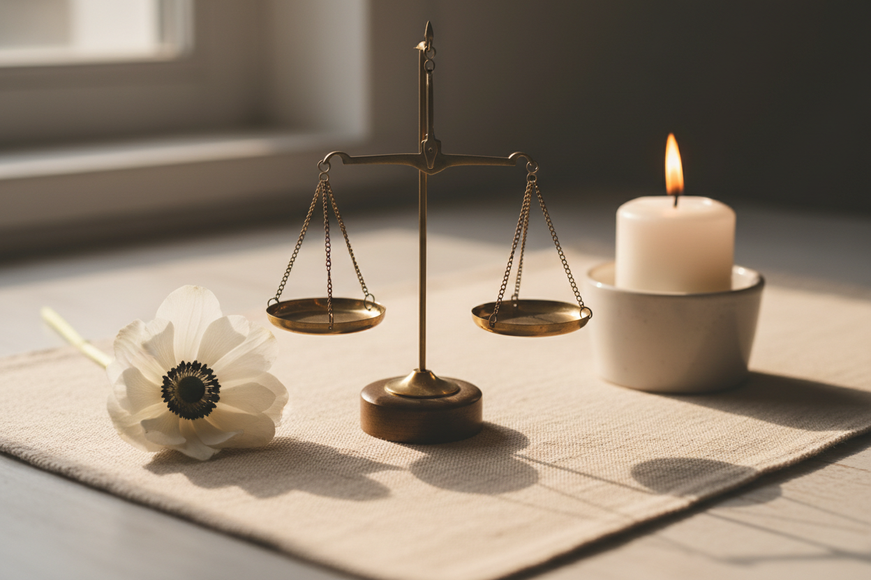 A small brass scales of justice beside a white flower and a lit candle on a soft linen surface — grief and the legal process held together