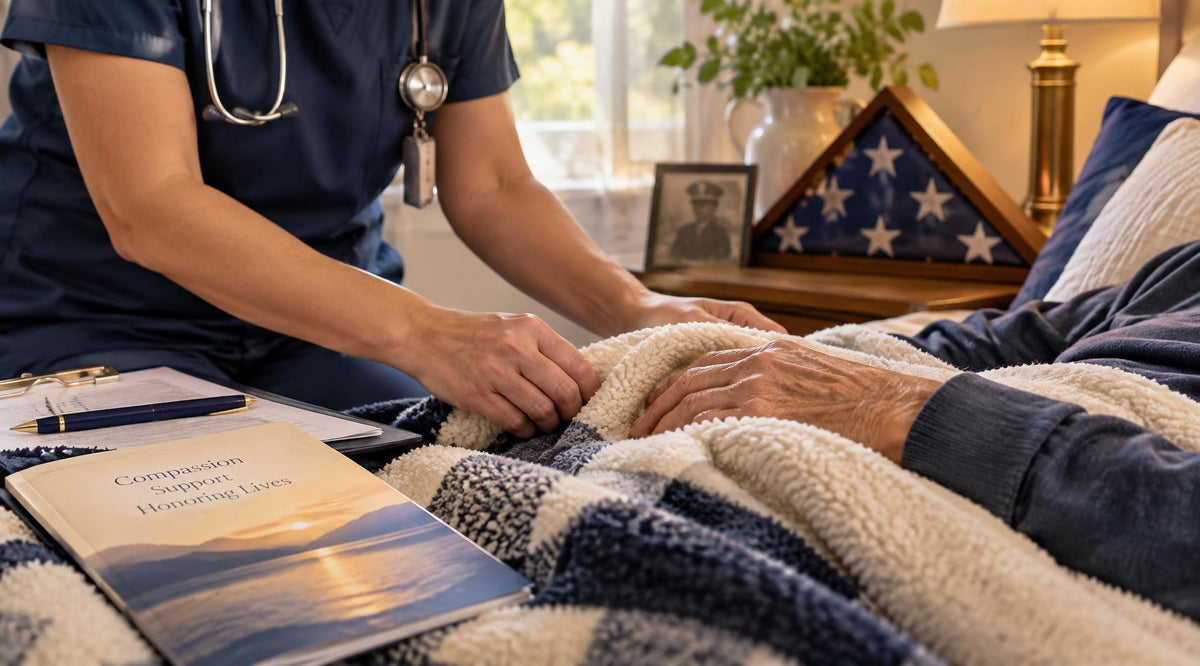 A hospice nurse tucking a blanket around a veteran at home, a folded flag and service photo on the nightstand