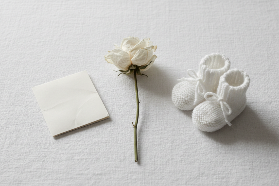 Soft flat lay of white baby booties, a dried white rose, and a folded note on white linen fabric — header image for a blog post about poems for a stillbirth or pregnancy loss funeral program