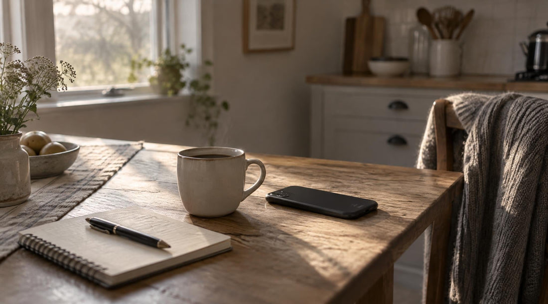A quiet kitchen table in soft morning light with a cup of coffee, a phone, and a small notepad
