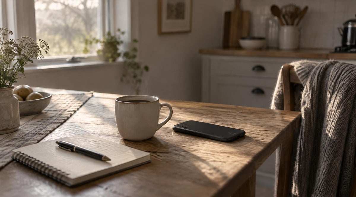 A quiet kitchen table in soft morning light with a cup of coffee, a phone, and a small notepad
