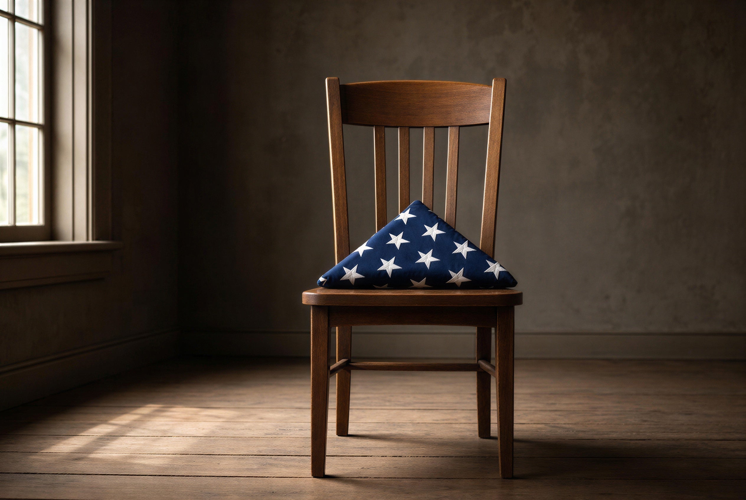 An empty wooden chair with a folded American flag resting on the seat, soft window light casting a quiet shadow across the floor — a tribute to a military veteran's absence and the honor of their service.