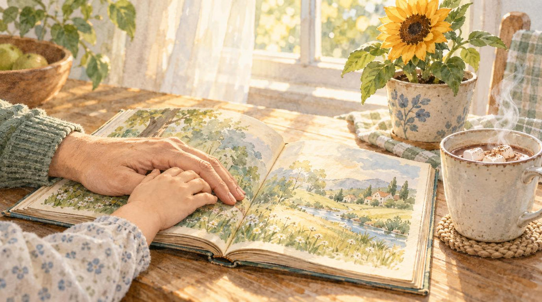 A parent's hand and a child's hand resting on an open storybook at a sunny kitchen table