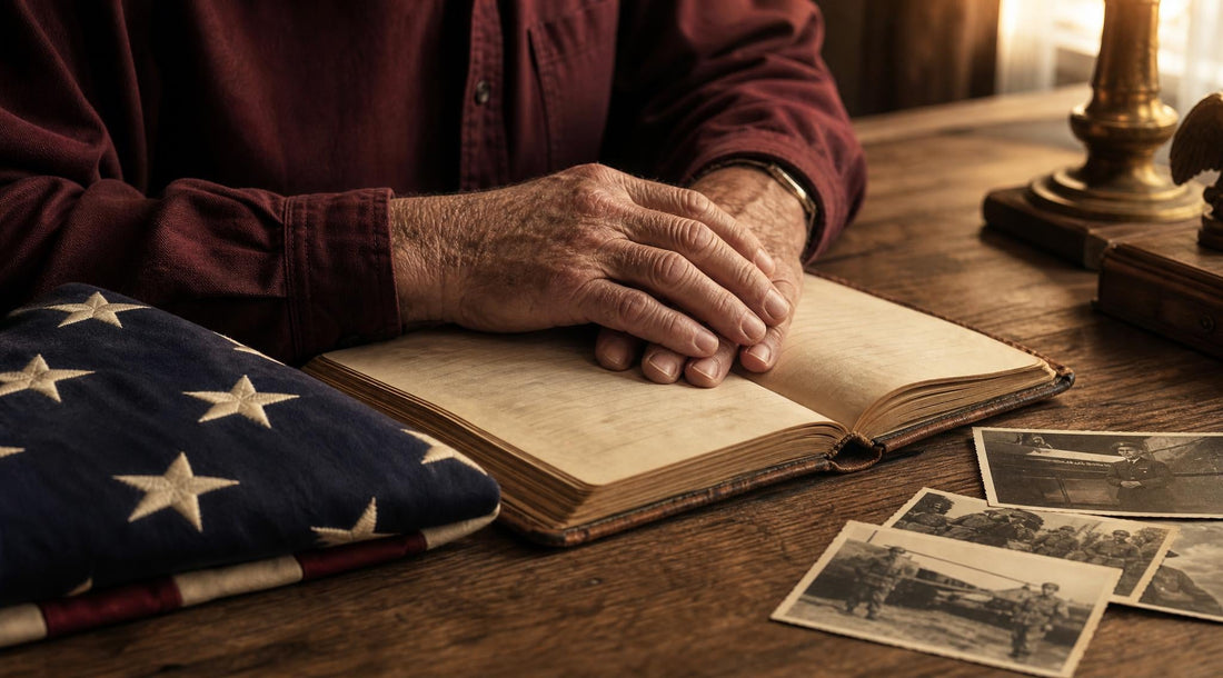 A veteran's hands resting on an open journal beside a folded American flag and old service photos