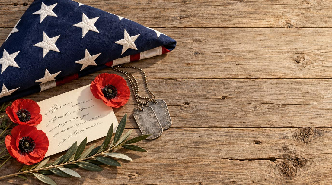 A folded American flag with red poppies, dog tags, and a handwritten thank-you card for Veterans Day.