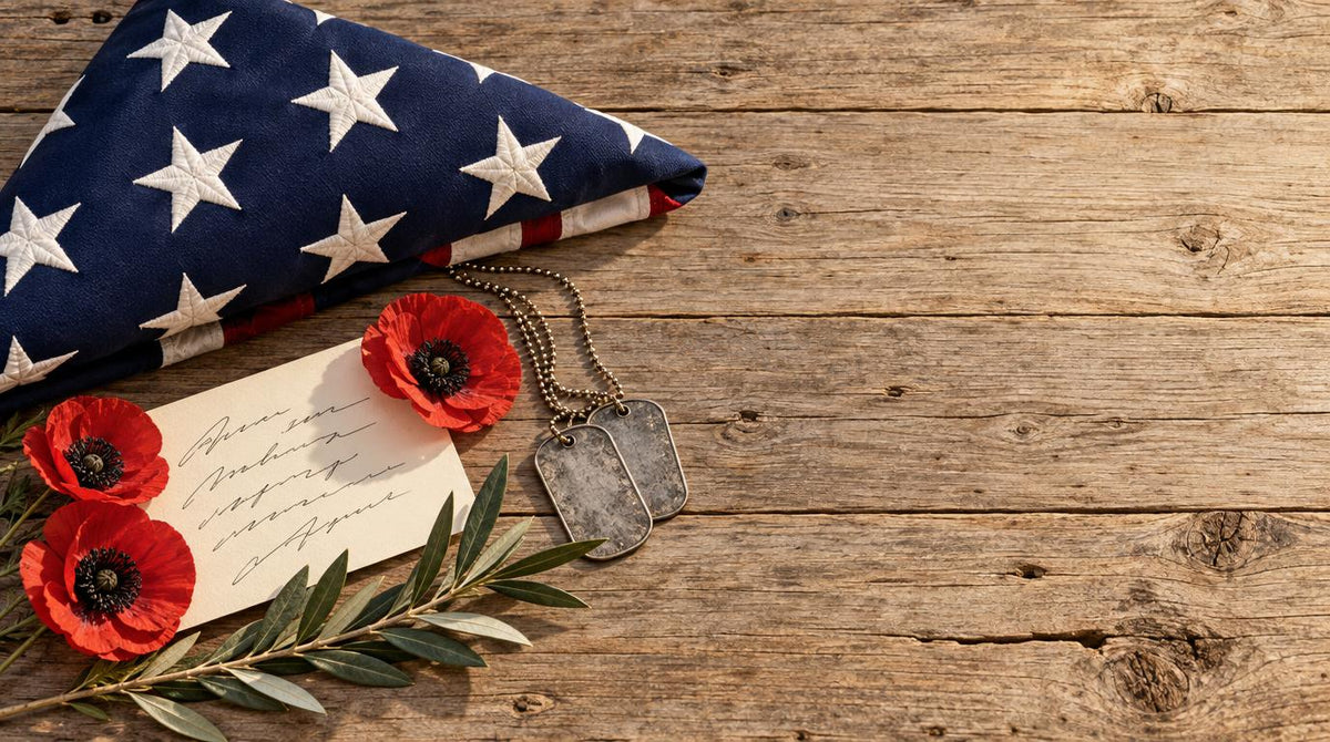 A folded American flag with red poppies, dog tags, and a handwritten thank-you card for Veterans Day.