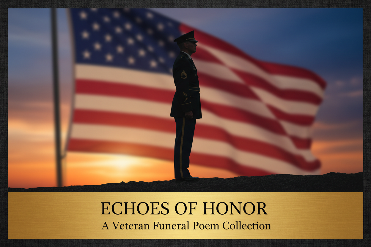 Echoes of Honor — A Veteran Funeral Poem Collection. A soldier in dress uniform stands at attention before an American flag at sunset, honoring military veterans of the Army, Navy, Marine Corps, and Air Force.