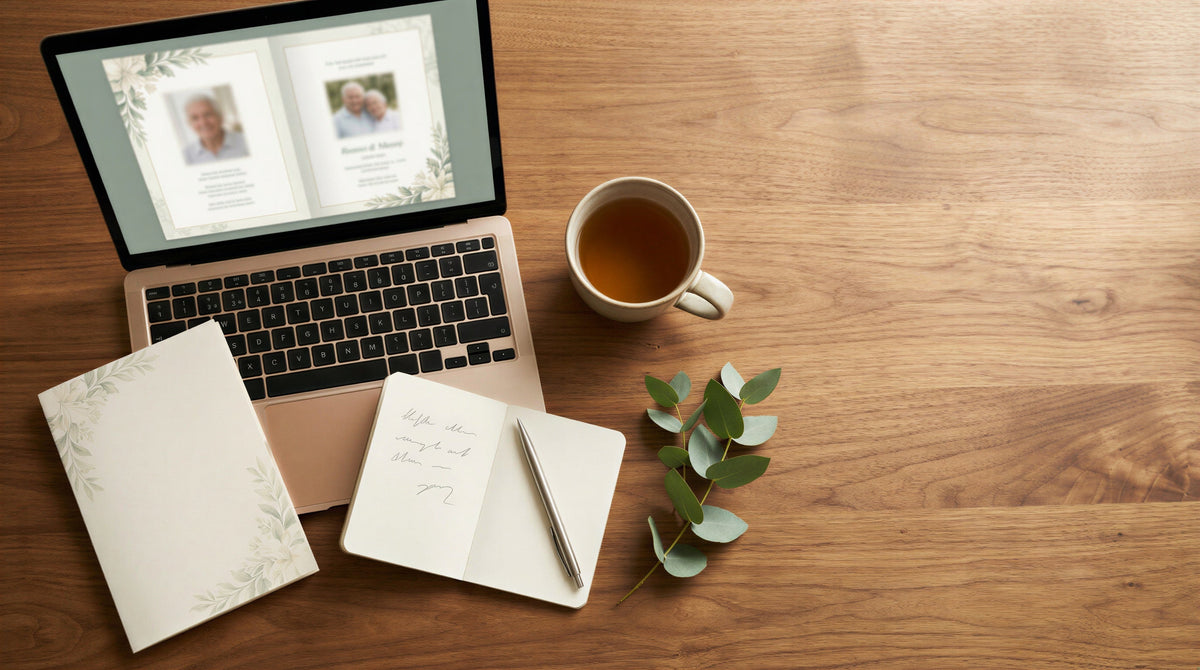 A laptop showing a funeral program design beside a printed program, notepad, and cup of tea on a wooden desk.