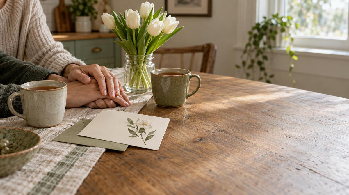 One hand resting comfortingly on another beside two cups of tea, a sympathy card, and white tulips.
