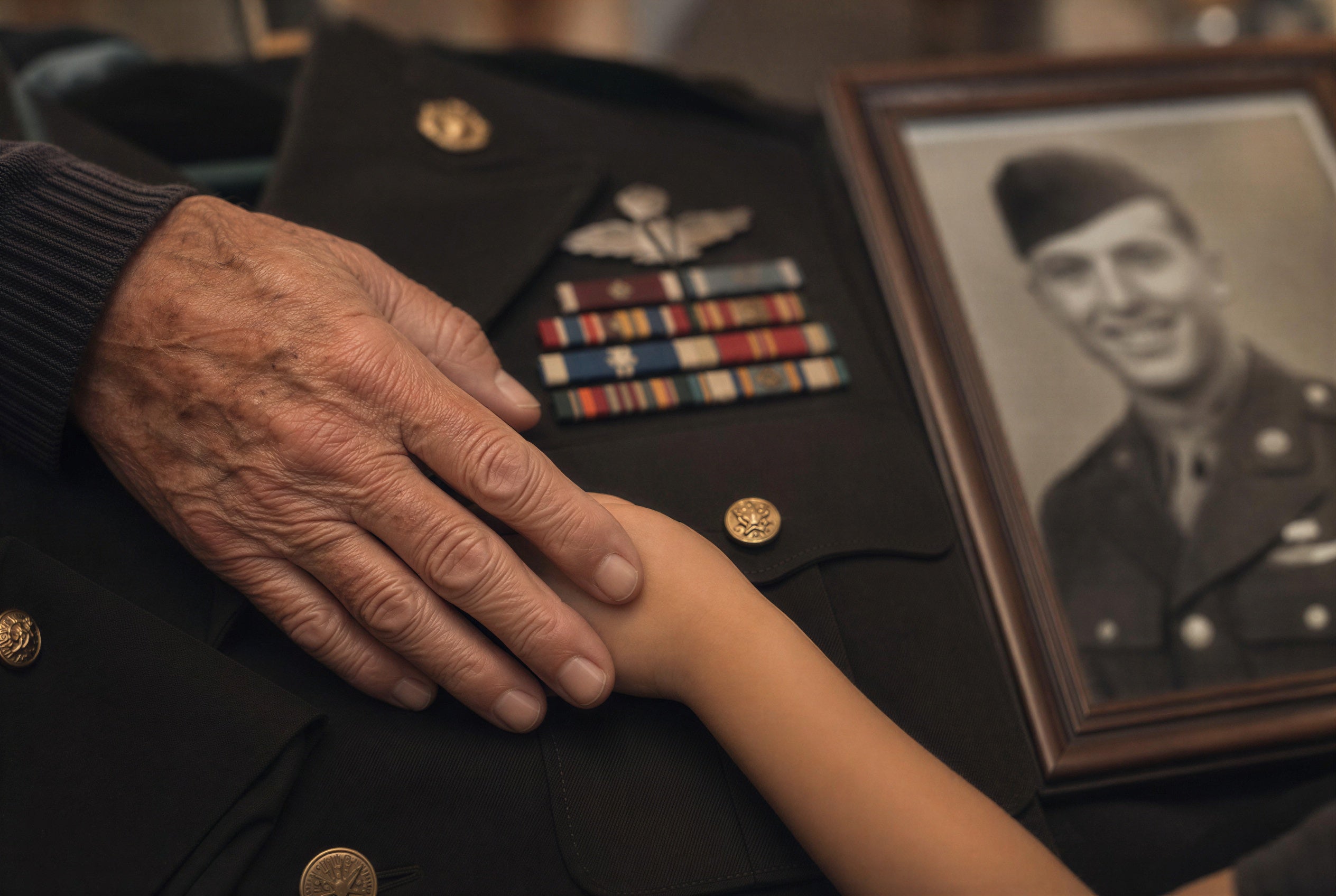 An elder's hand resting over a child's hand on a military dress uniform with medals and ribbons, beside a framed black-and-white portrait of a veteran — header image for a guide to personalizing a military funeral