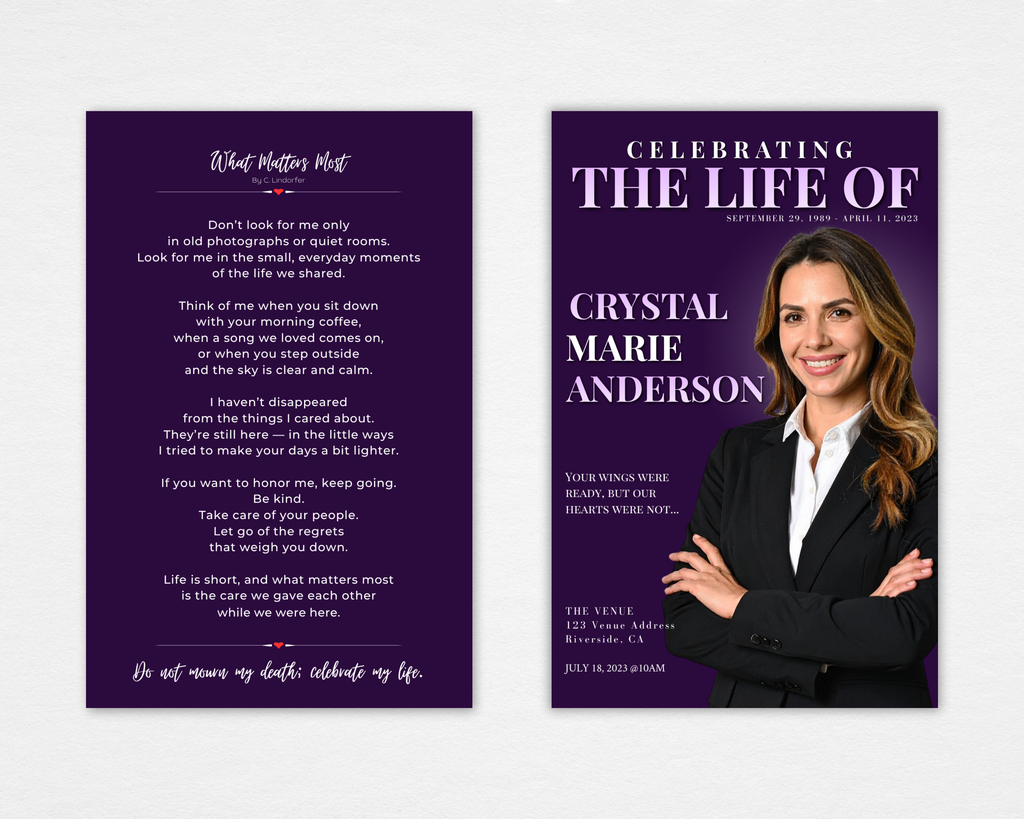 Velvet Tribute purple magazine-style funeral program template — front cover with bold name typography and portrait photo, back page with What Matters Most poem by C. Lindorfer
