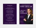 Velvet Tribute purple magazine-style funeral program template — front cover with bold name typography and portrait photo, back page with What Matters Most poem by C. Lindorfer