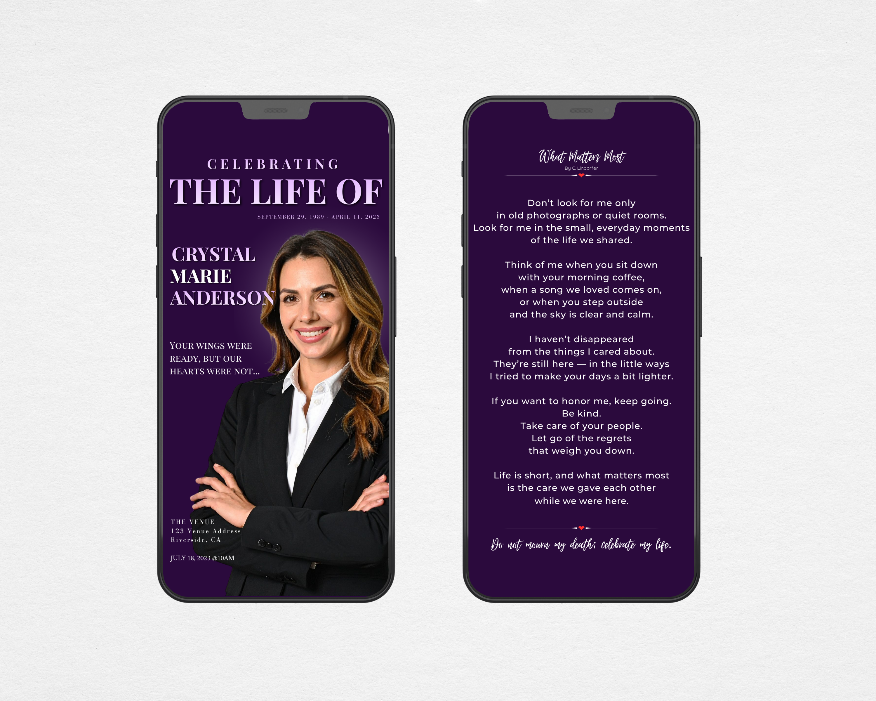 Velvet Tribute digital funeral program template shown on two phones — front cover and back page with What Matters Most poem