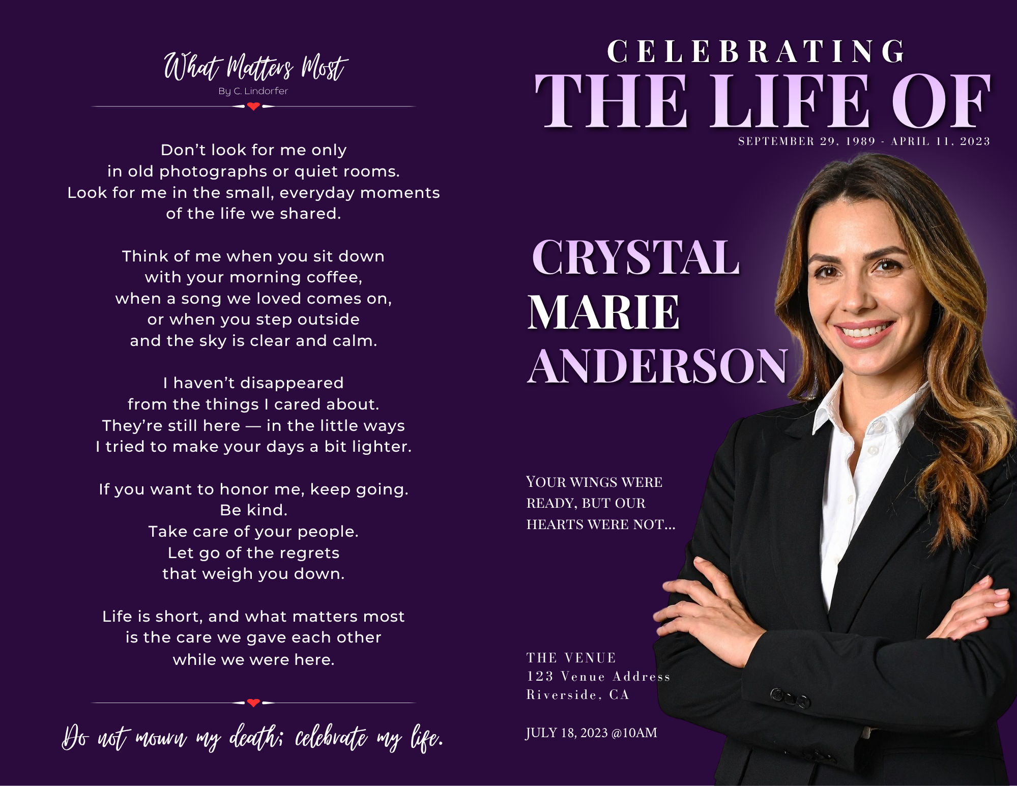 Velvet Tribute funeral program template tabloid size — front cover with Celebrating the Life Of header and portrait photo, back page with What Matters Most poem
