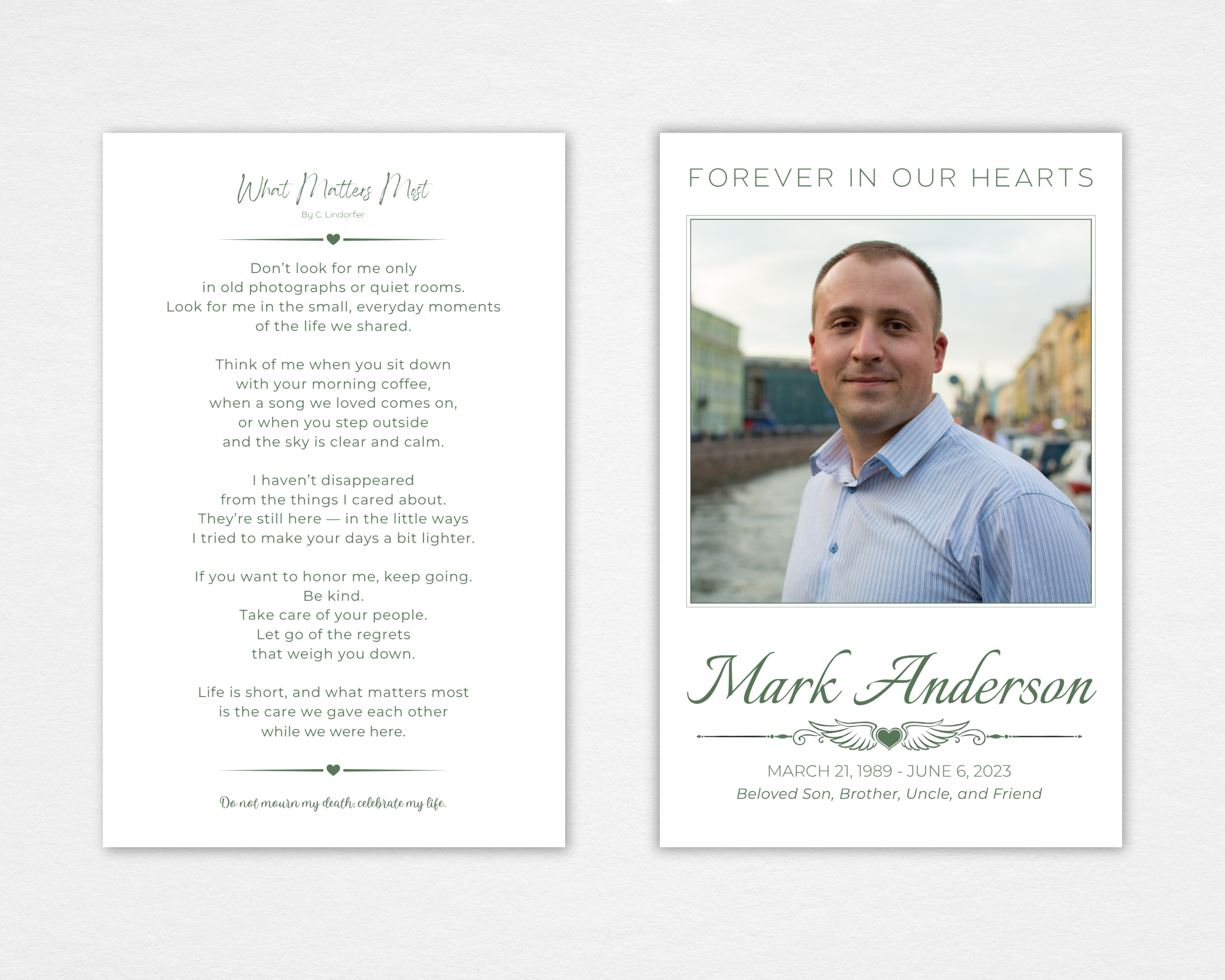 Quiet Classic funeral program template — front cover with portrait photo, name, dates, and winged heart ornament