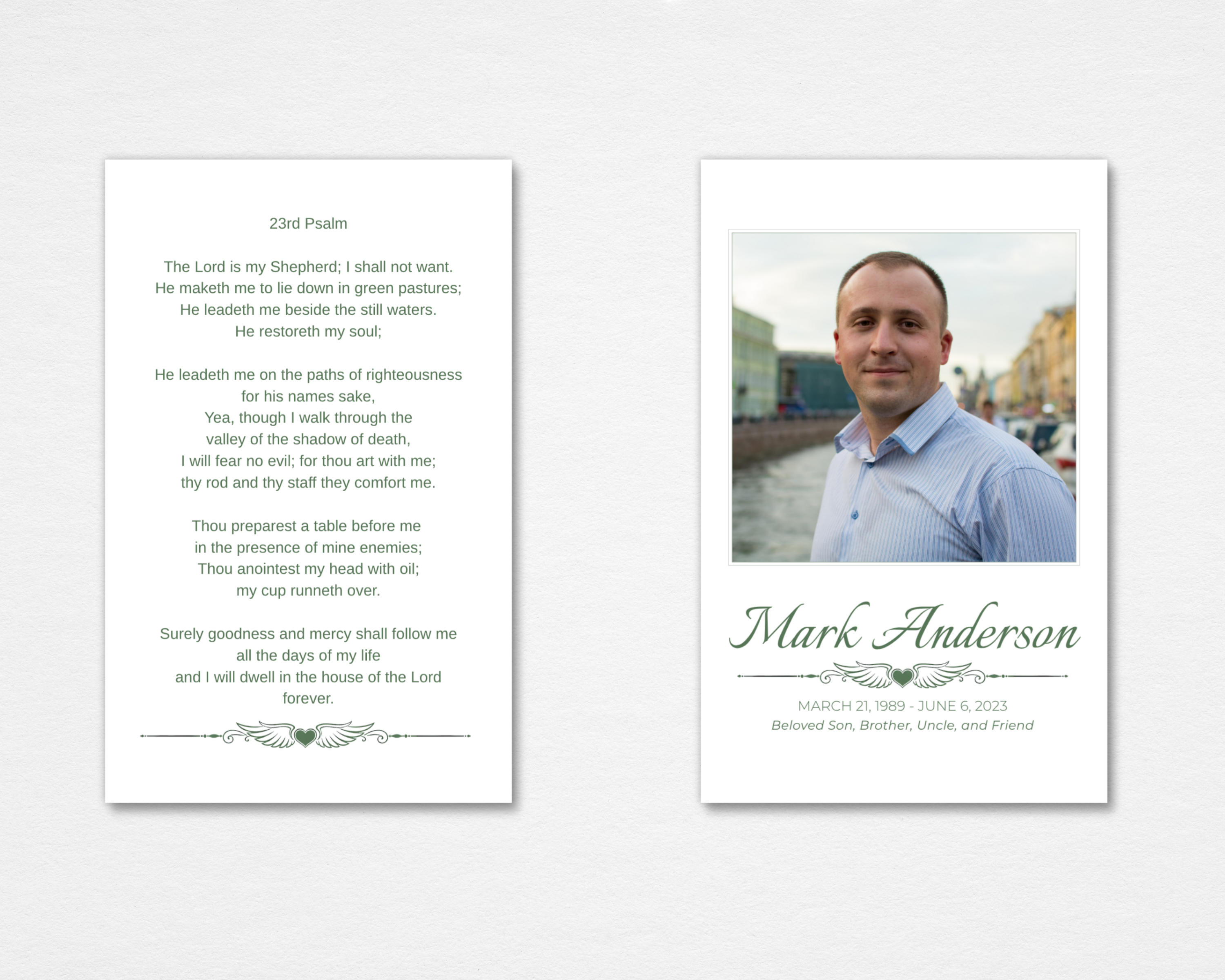 Quiet Classic minimalist memorial prayer card template — front cover and back with 23rd Psalm — Canva editable template