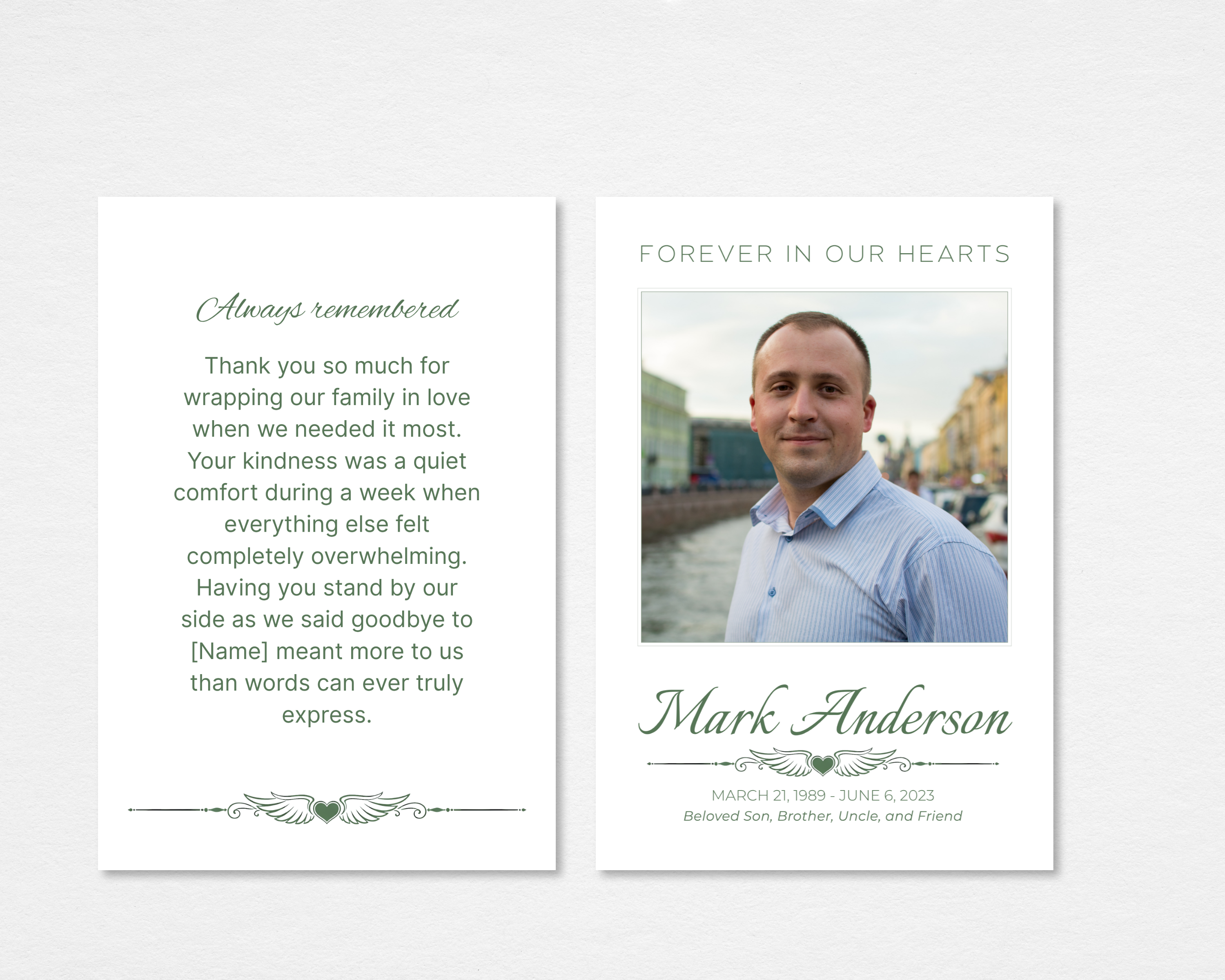 Quiet Classic minimalist memorial thank you card template — front cover and back with editable thank you message — Canva editable template