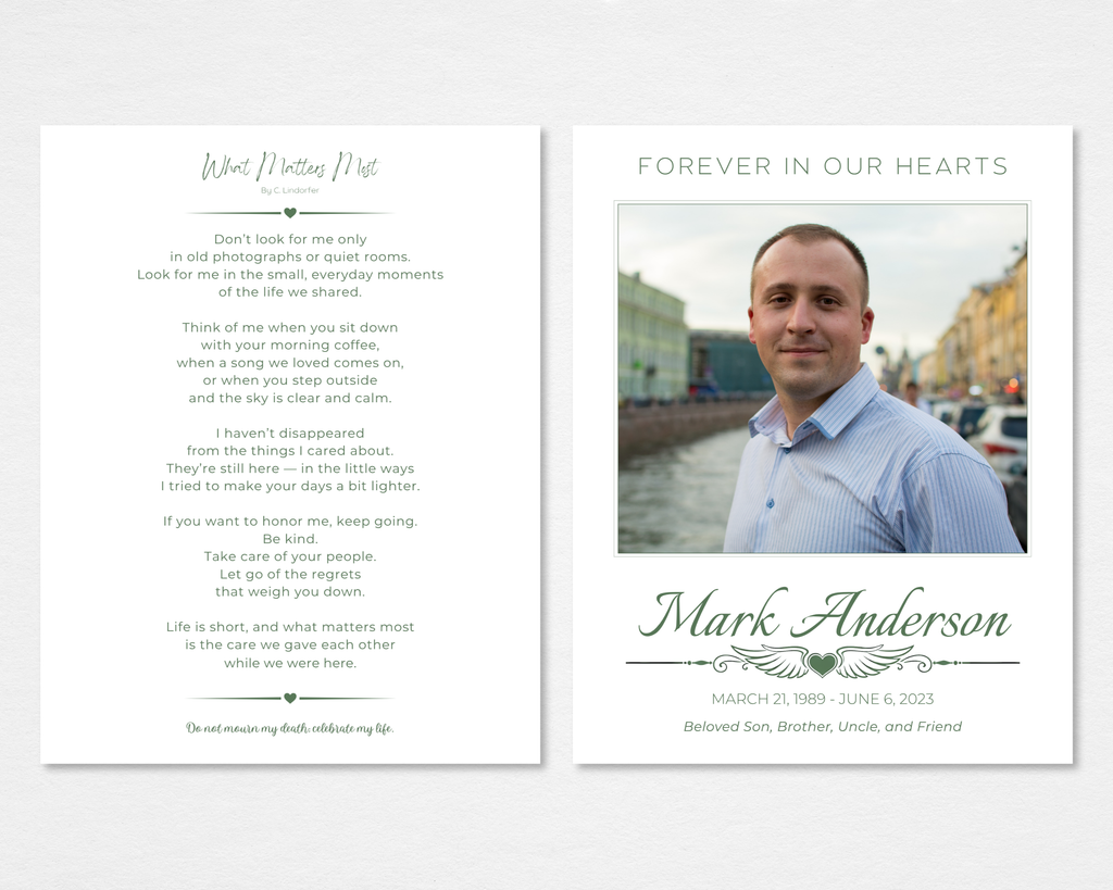 Quiet Classic minimalist funeral program template — tabloid size lay-flat showing front cover and back page with What Matters Most poem — Canva editable template