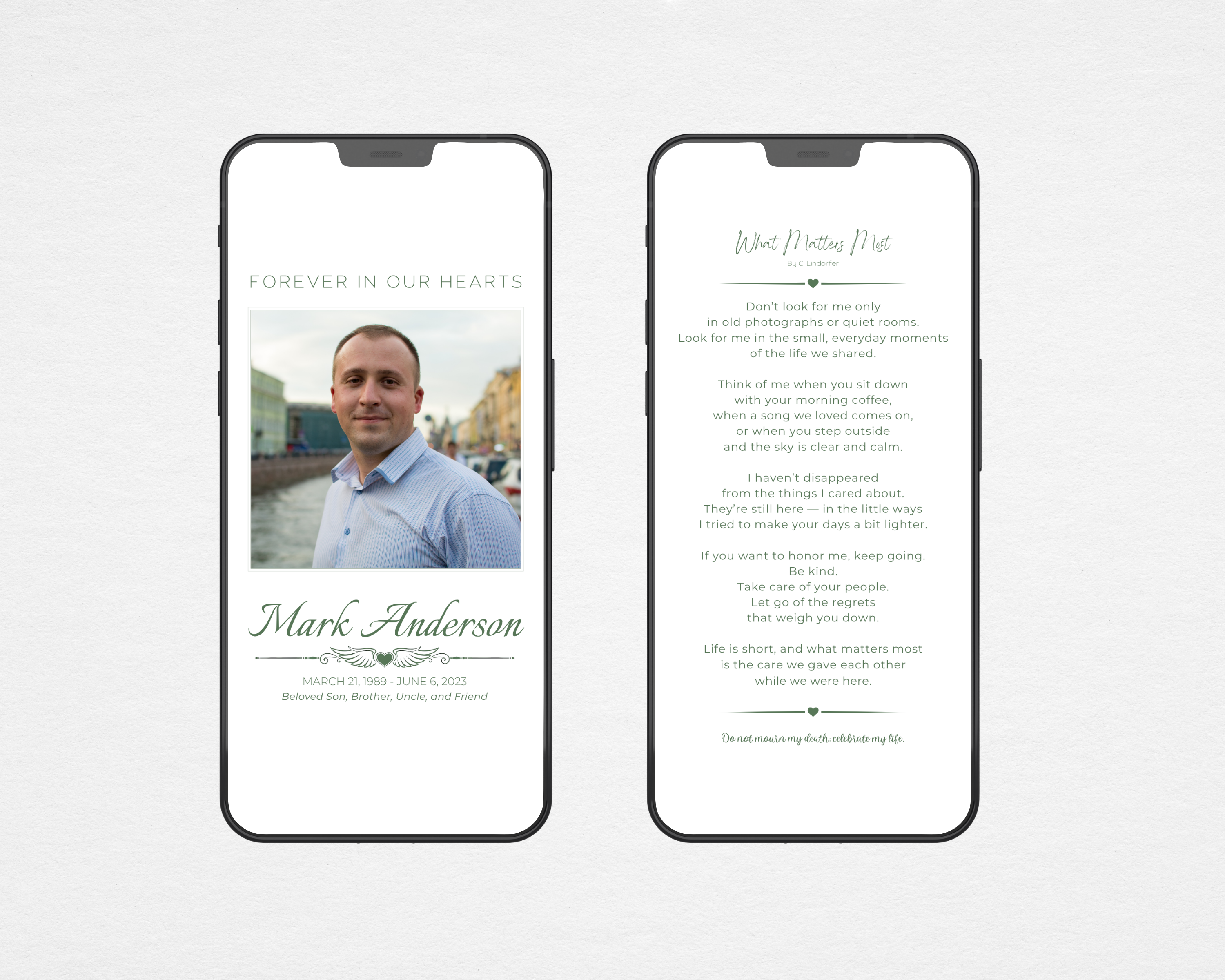 Quiet Classic funeral program template digital version — front cover and back page with poem displayed on two phones