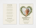 Botanical Heart funeral program template — front cover with eucalyptus heart wreath portrait frame alongside back page with "In the Gentle After" poem and acknowledgments, editable in Canva