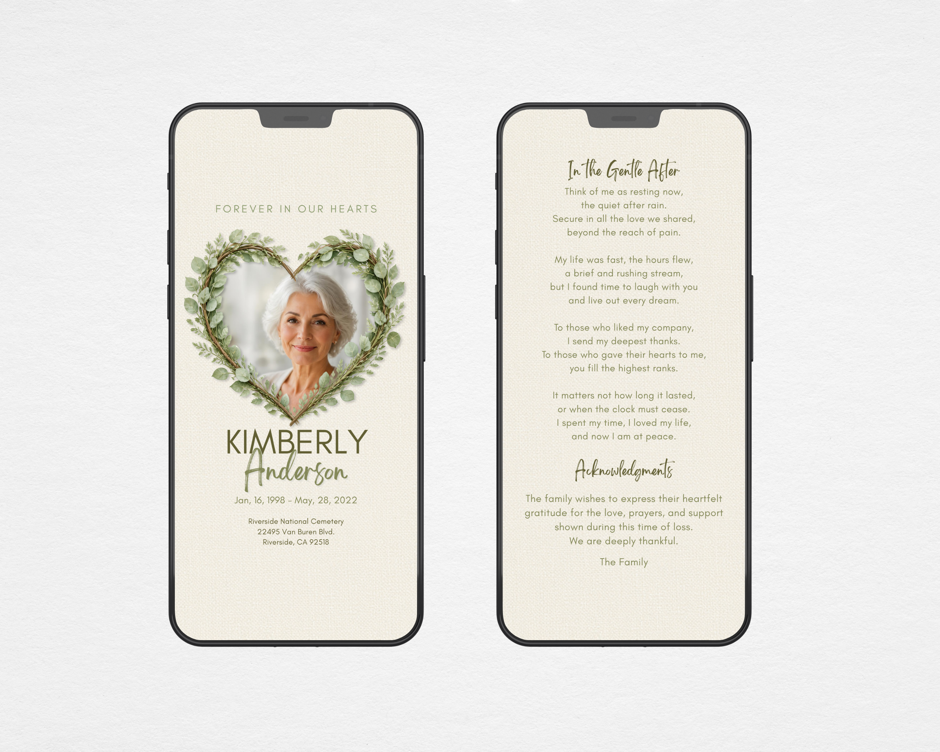 Botanical Heart digital funeral program template shown on three phones — eucalyptus wreath design optimized for sharing via text, social media, and email