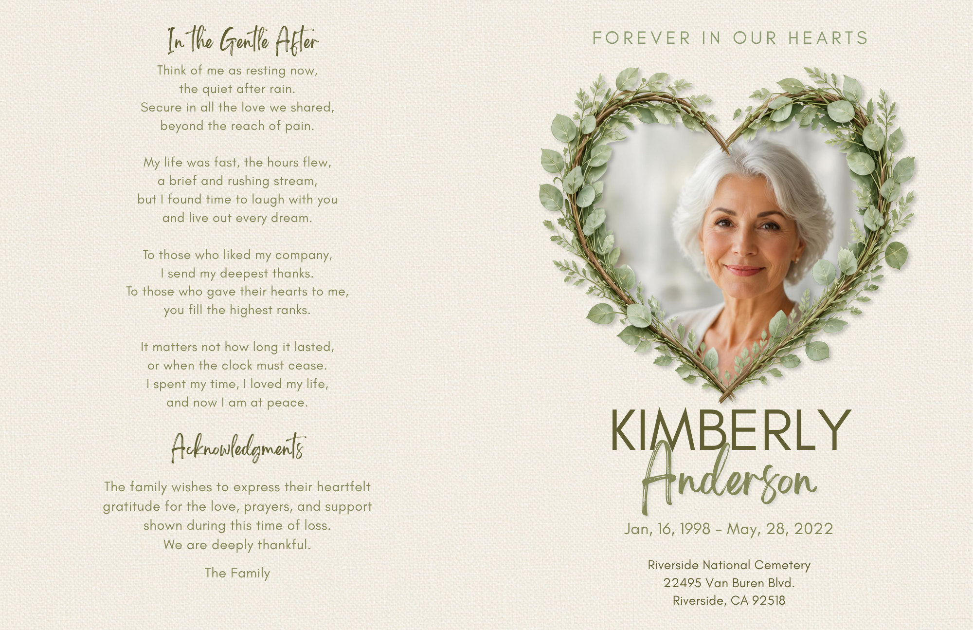 Botanical Heart funeral program template — tabloid size layflat showing full 11x17 spread with eucalyptus wreath cover and interior pages, editable in Canva