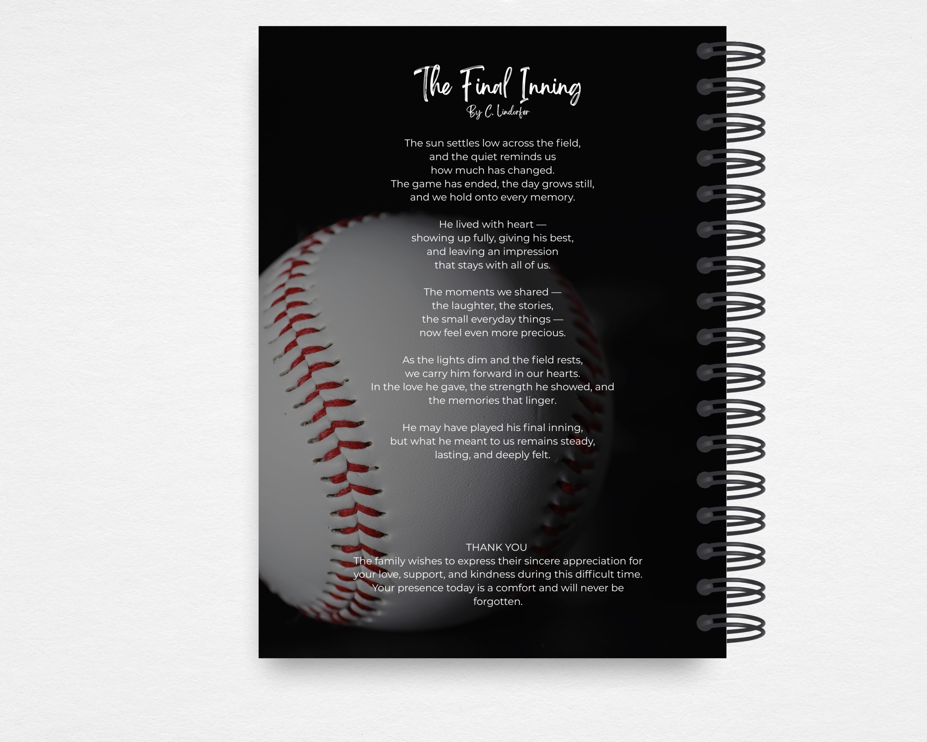Heart of the Game Memorial Guest Book — back cover featuring The Final Inning poem by C. Lindorfer on a dark baseball background