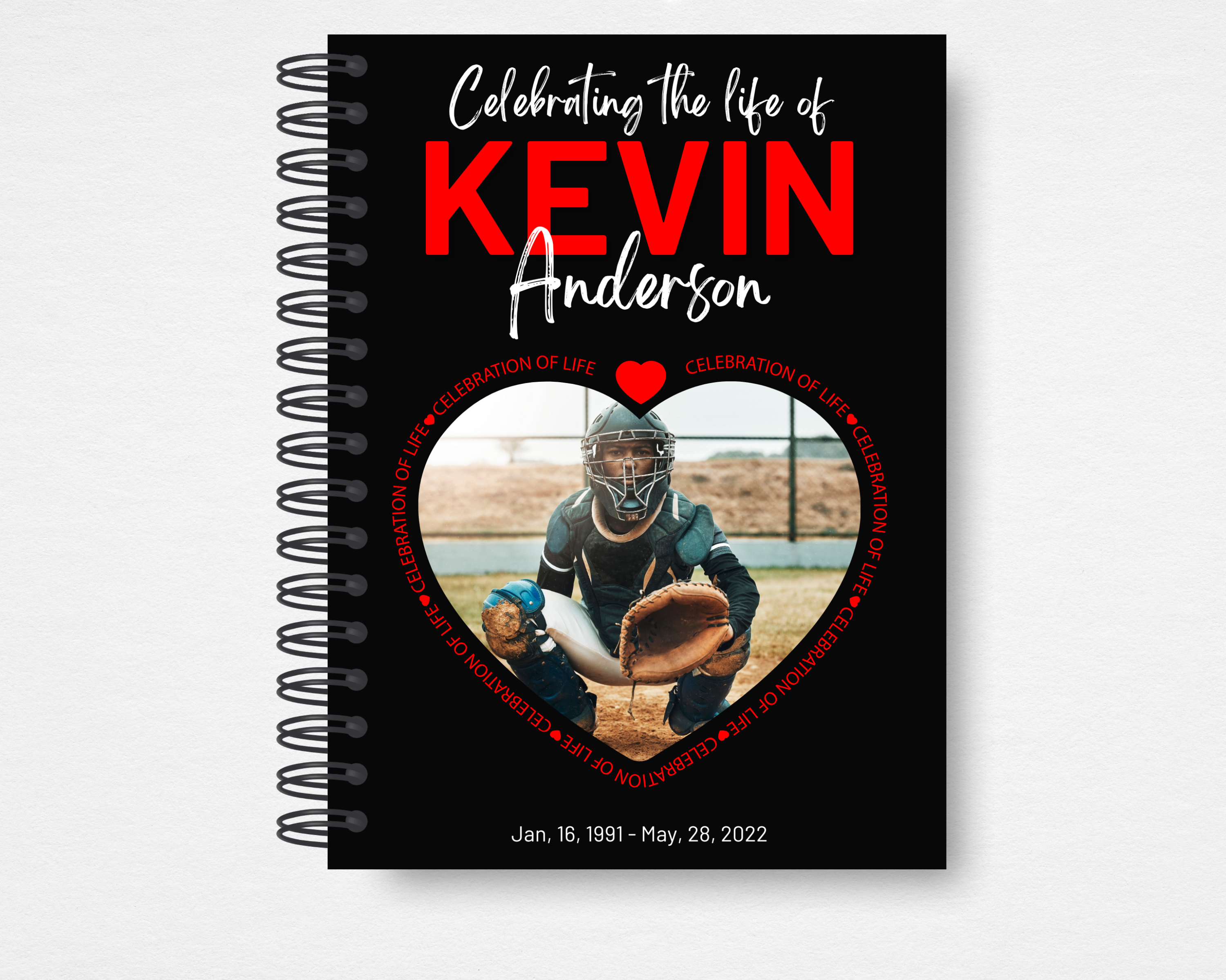 Heart of the Game Memorial Guest Book — front cover with heart-shaped photo frame, Celebration of Life ring, and bold red and white typography on black background