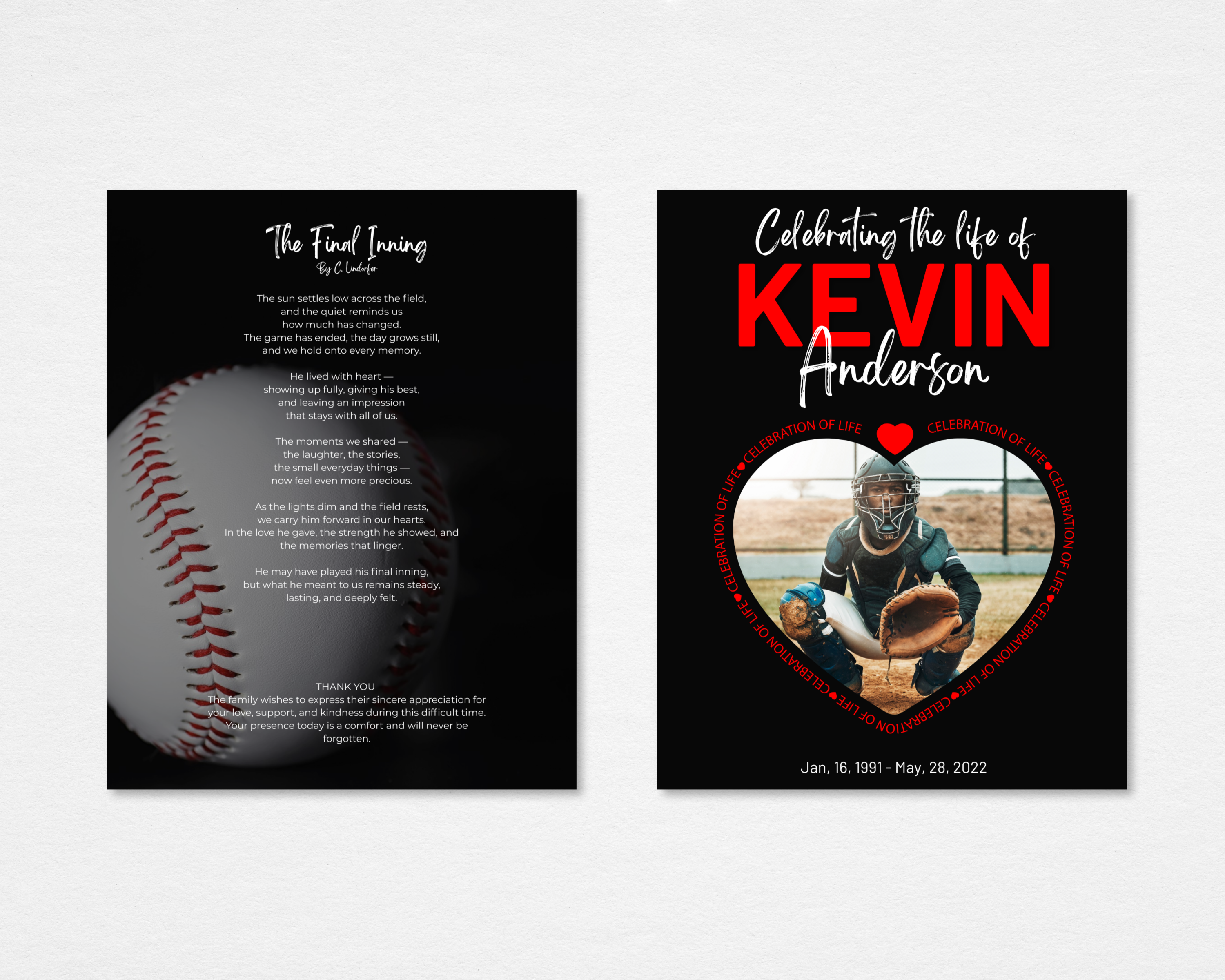 Heart of the Game baseball funeral program template — tabloid size 11x17 — front cover with heart photo frame and back page with The Final Inning poem — Canva editable instant download