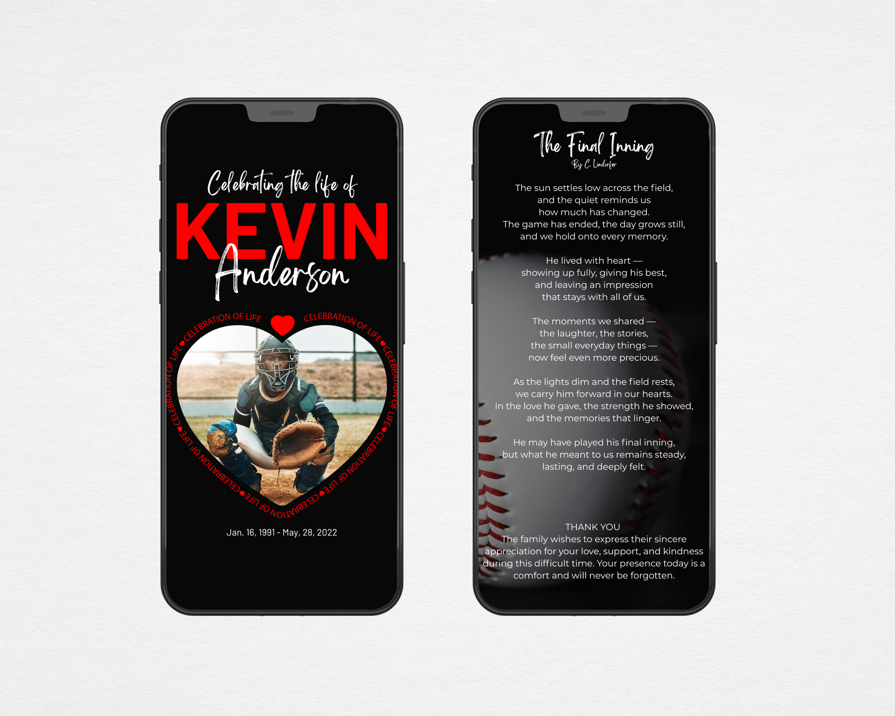 Heart of the Game baseball memorial digital program template shown on mobile phone — front and back pages — Canva editable instant download — shareable as MP4