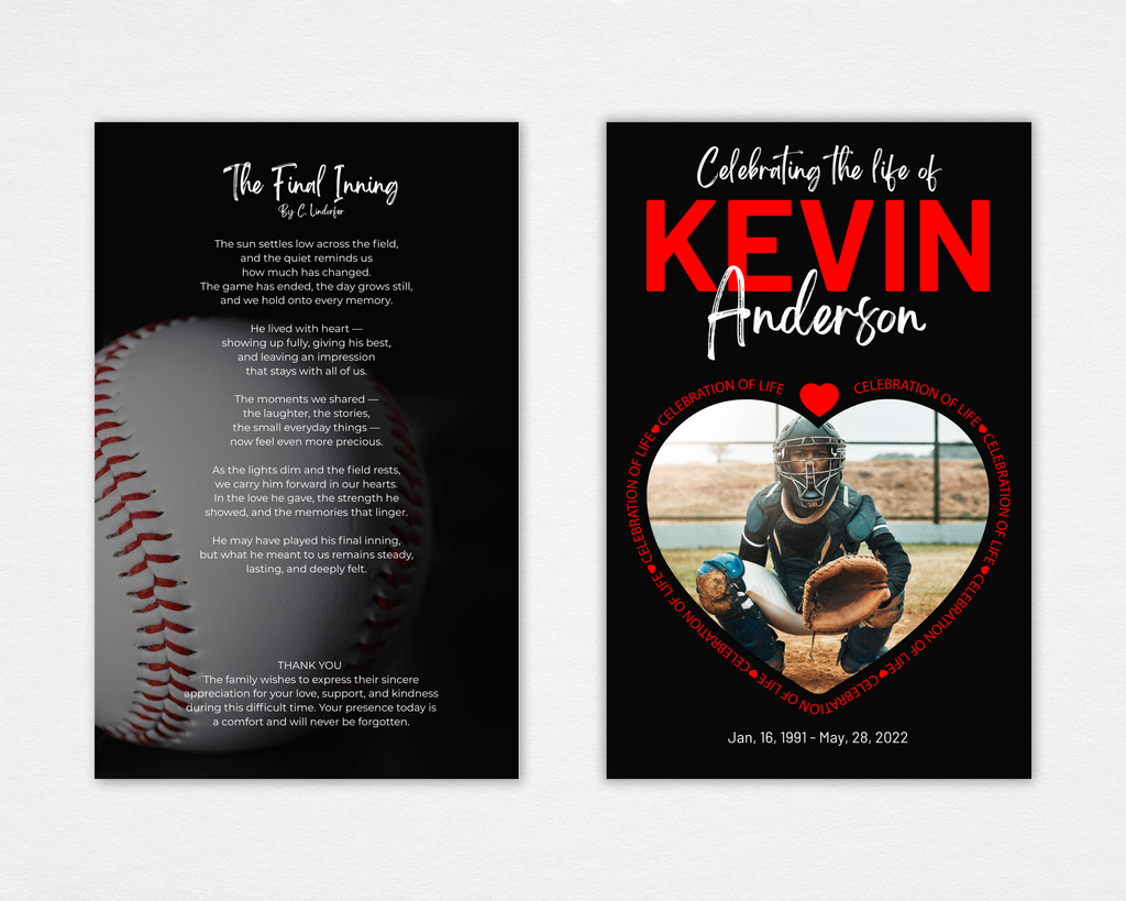 Heart of the Game baseball funeral program template — standard size 8.5x11 — front cover with heart photo frame and back page with The Final Inning poem by C. Lindorfer — Canva editable instant download
