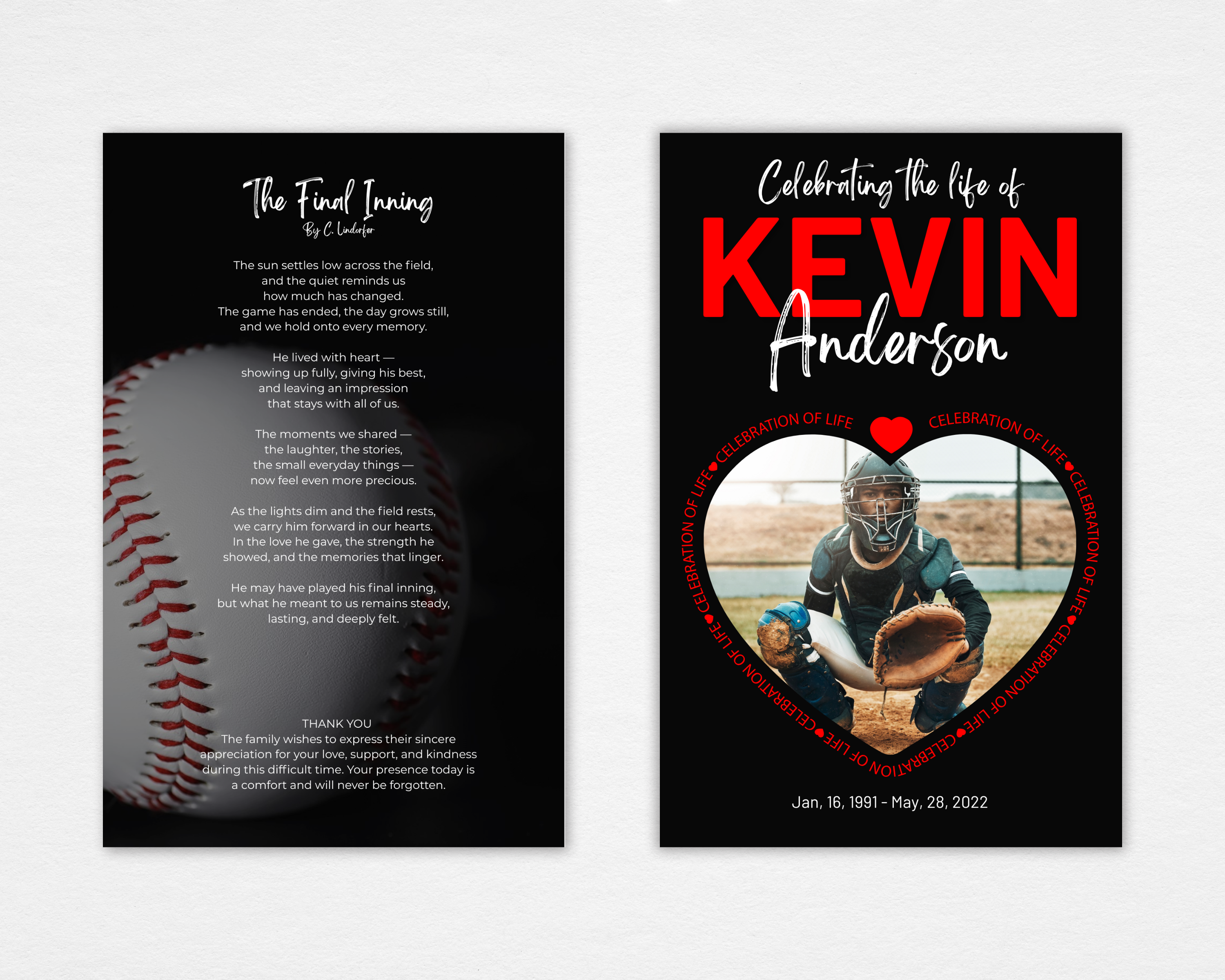 Heart of the Game baseball funeral program template — standard size 8.5x11 — front cover with heart photo frame and back page with The Final Inning poem by C. Lindorfer — Canva editable instant download