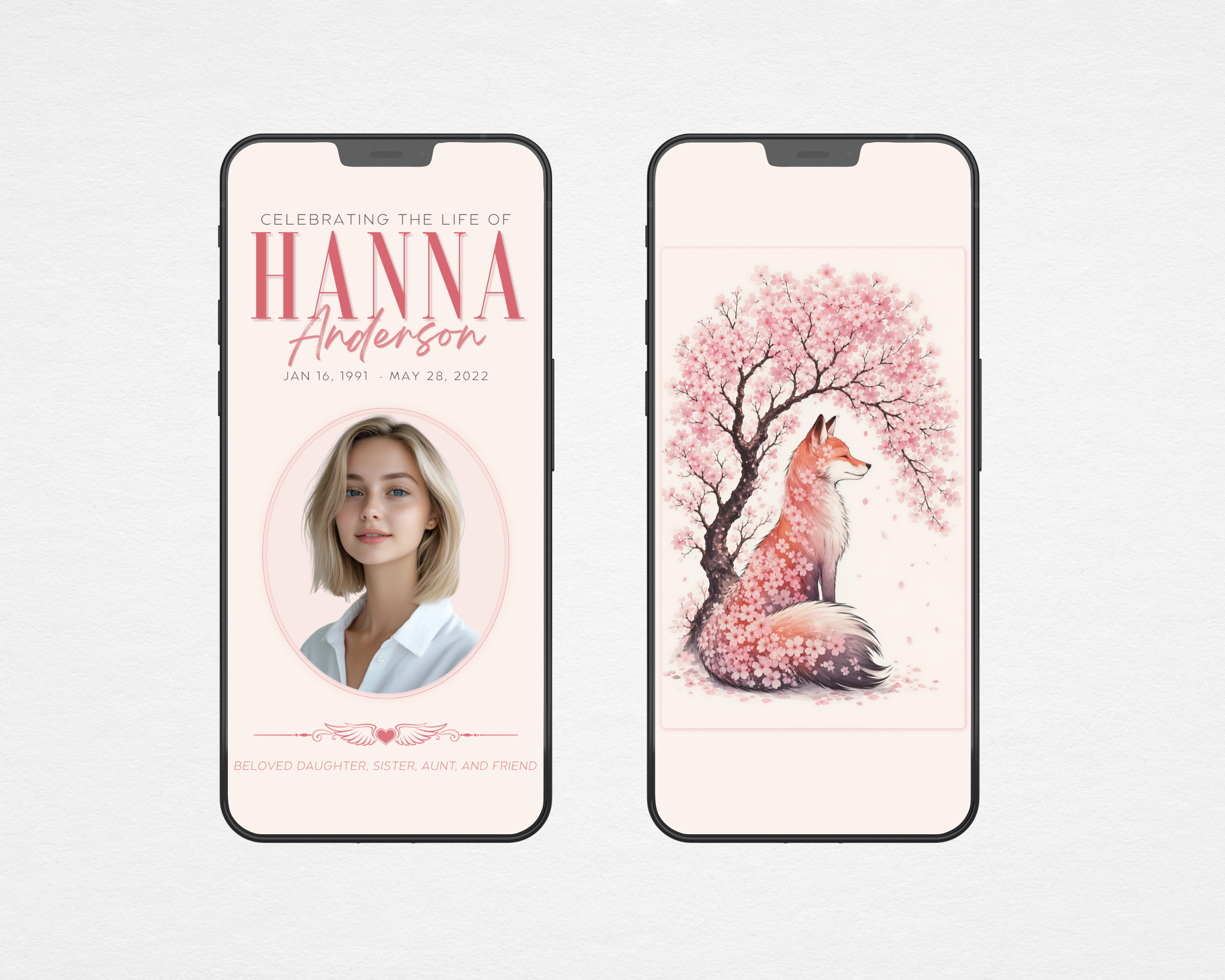 Cherry Blossom Fox digital memorial funeral program template — Canva editable instant download