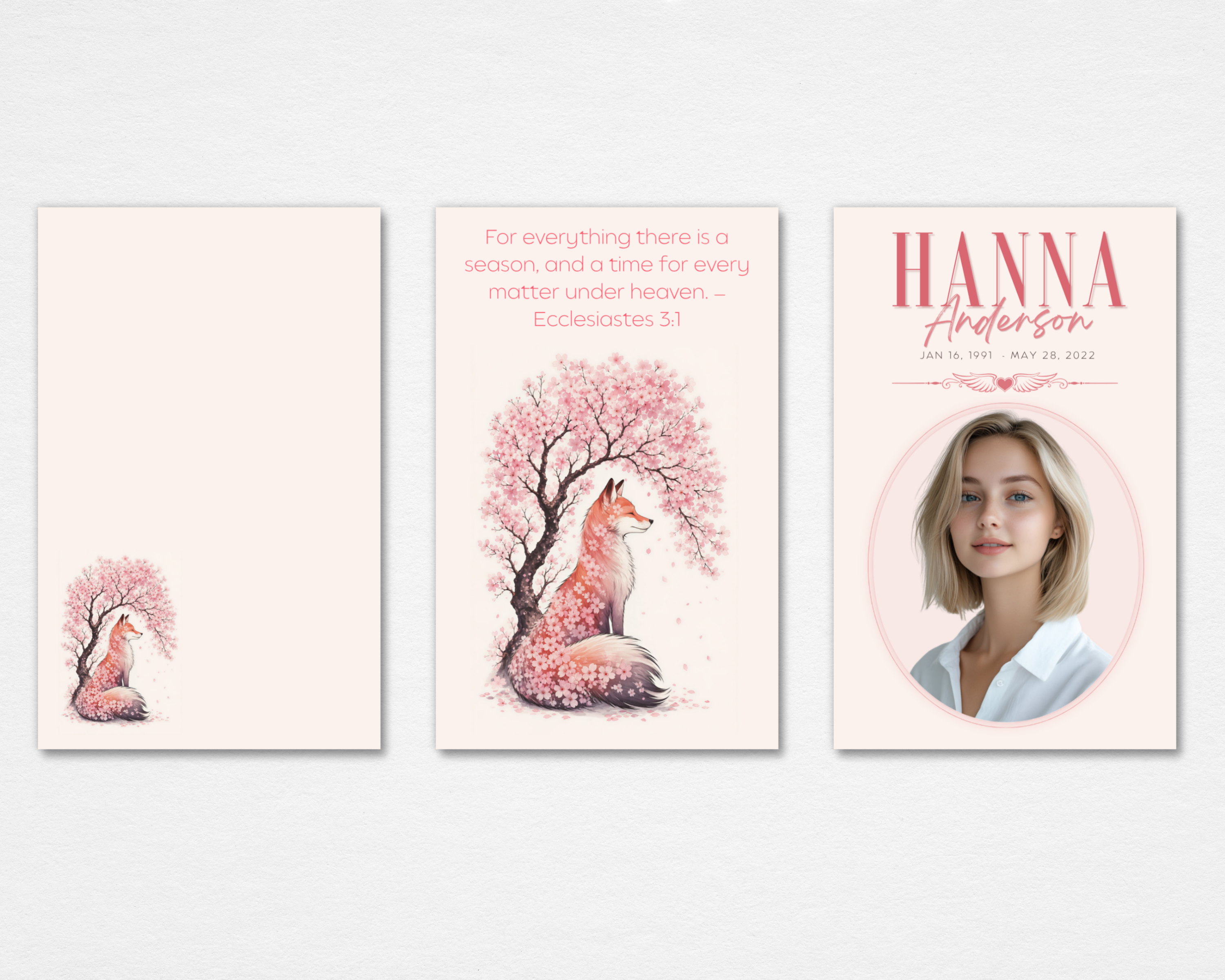 Cherry Blossom Fox watercolor botanical memorial prayer card template — Canva editable template