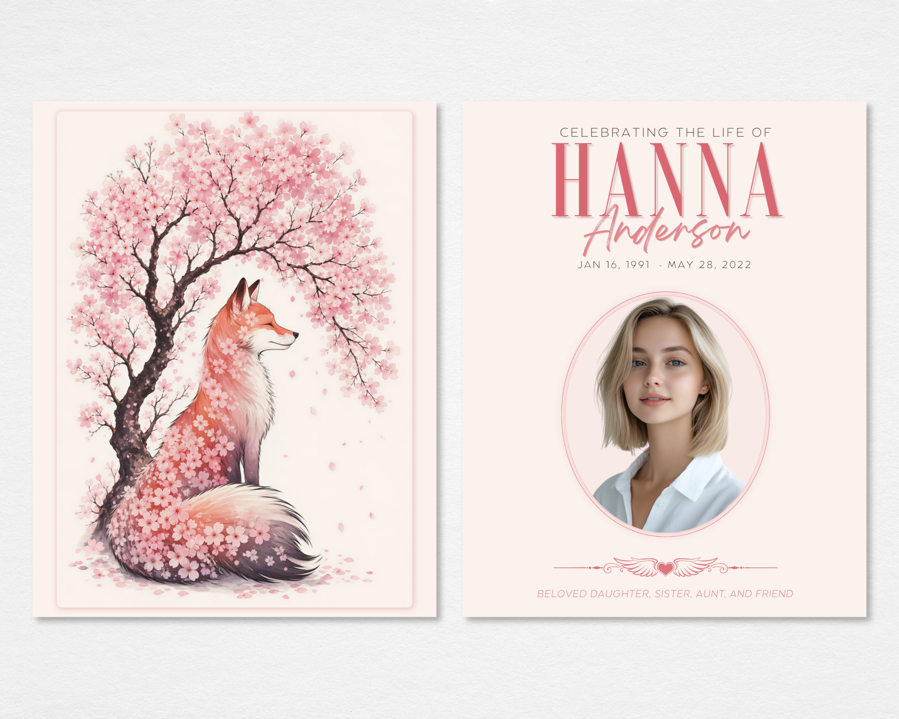 Cherry Blossom Fox tabloid funeral program template — Canva editable instant download