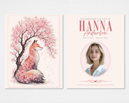 Cherry Blossom Fox tabloid funeral program template — Canva editable instant download