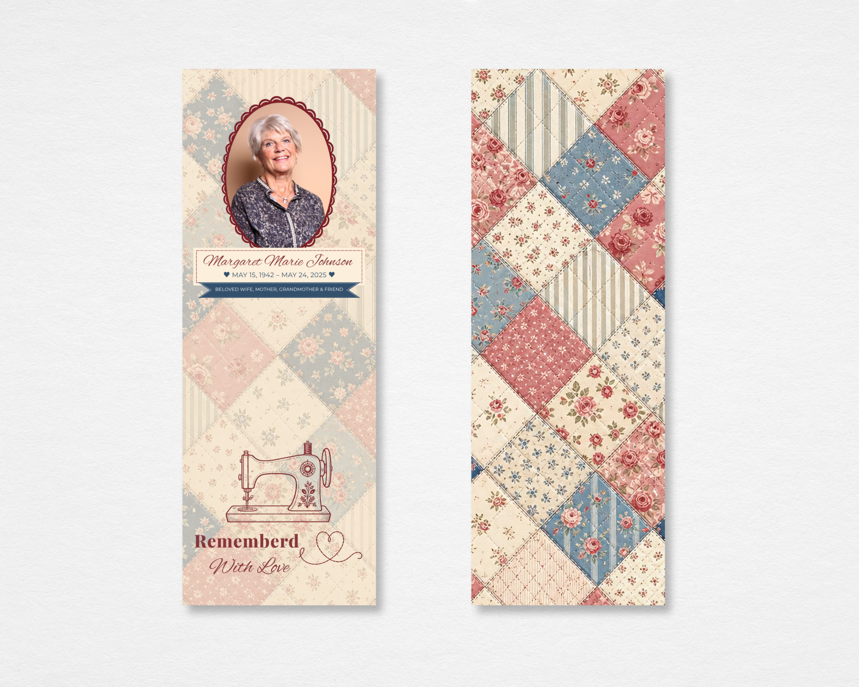 Stitched With Love quilting memorial bookmark template — Canva editable instant download
