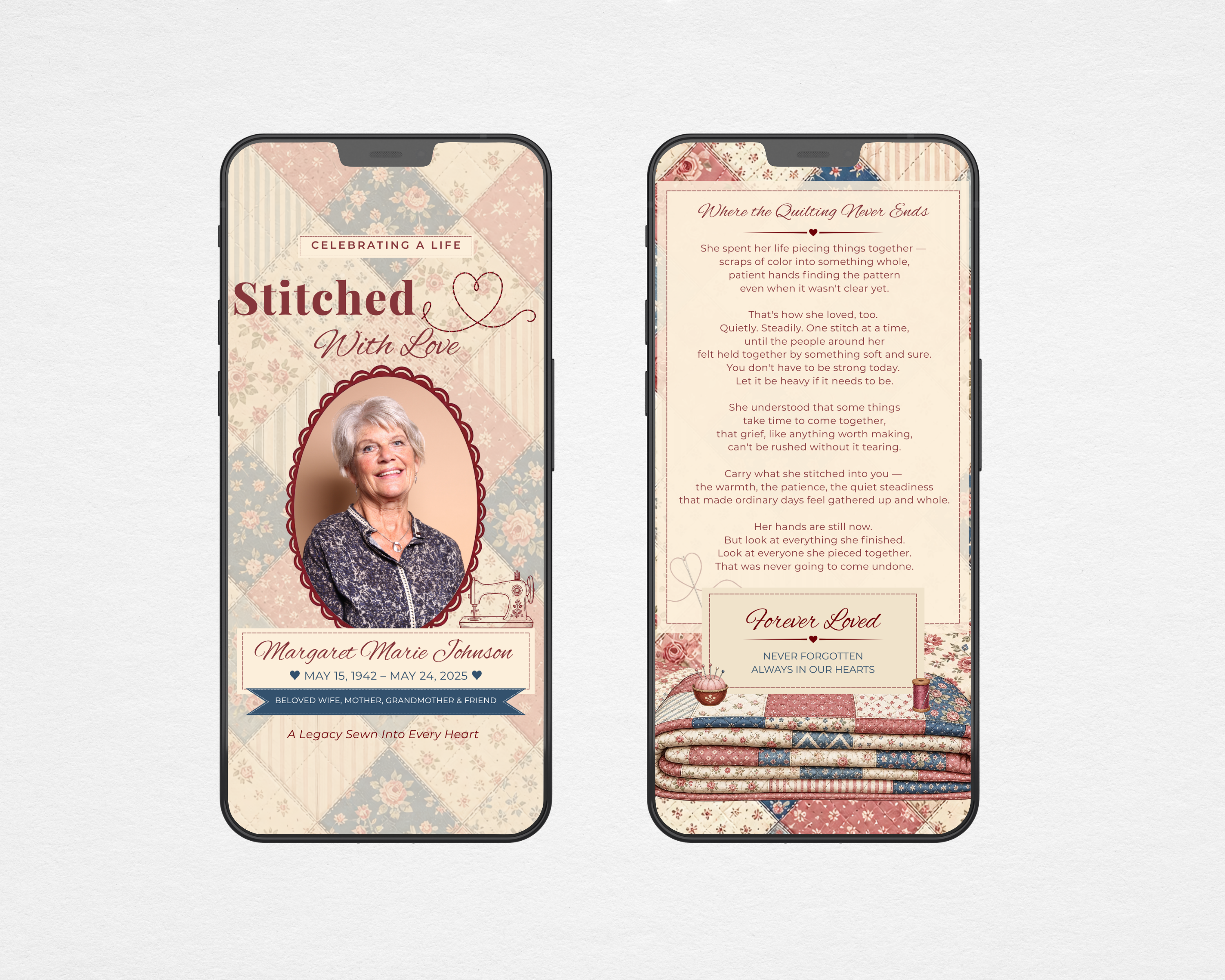 Stitched With Love digital funeral program template — Canva editable instant download