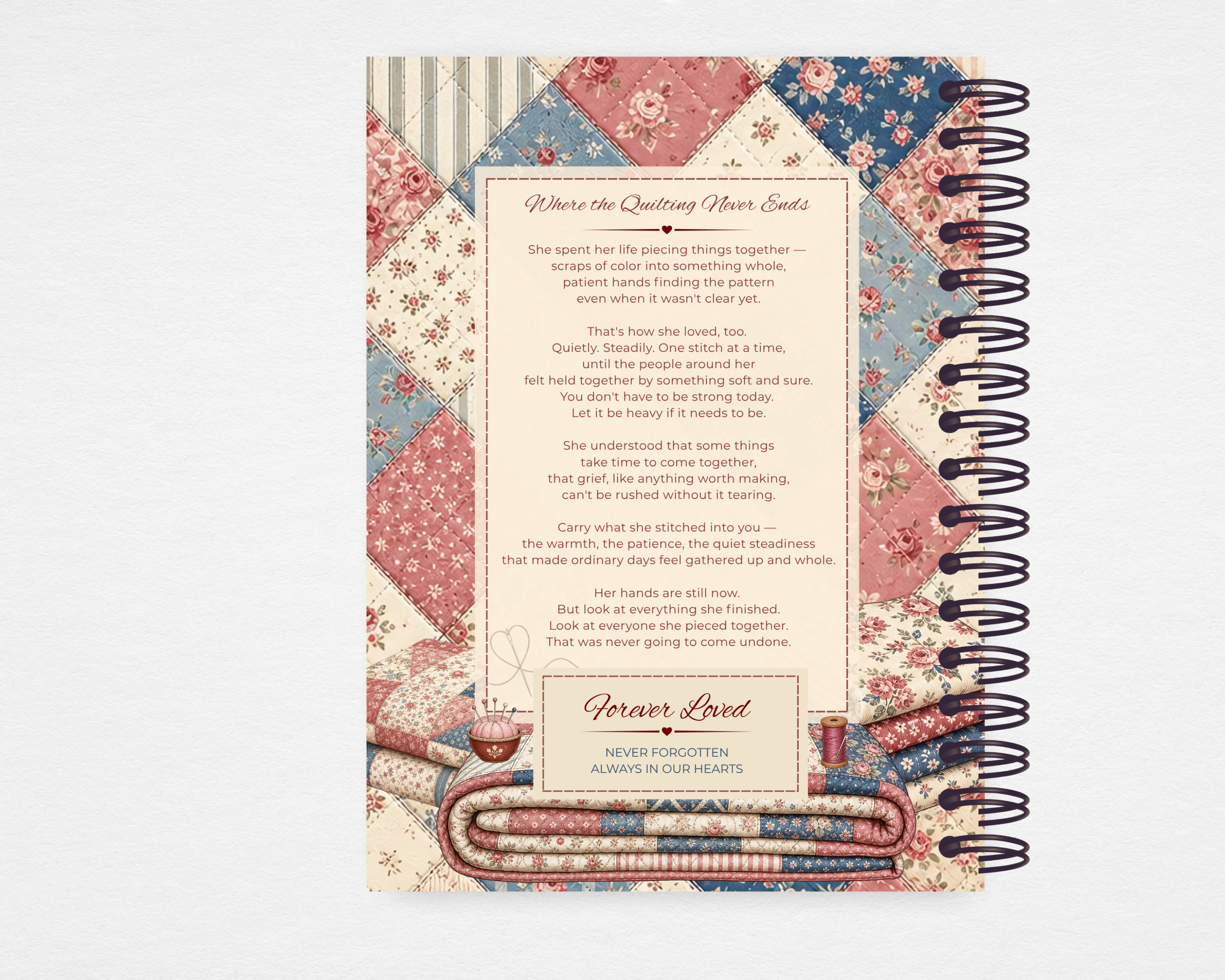 Stitched With Love memorial guest book template back cover — Canva editable instant download